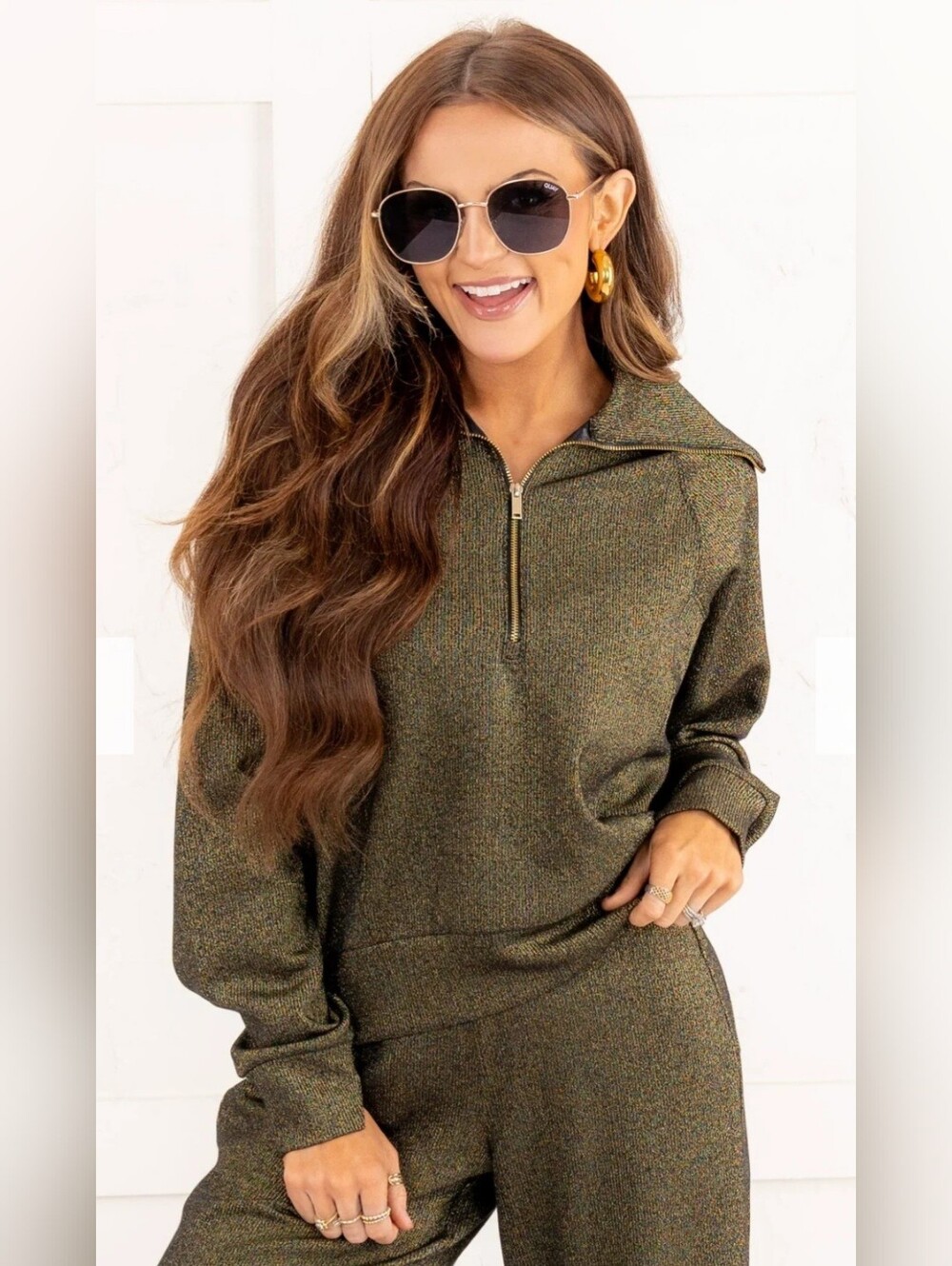 New SPANX Airessentials Metallic Shine Black Gold Half-Zip Pullover